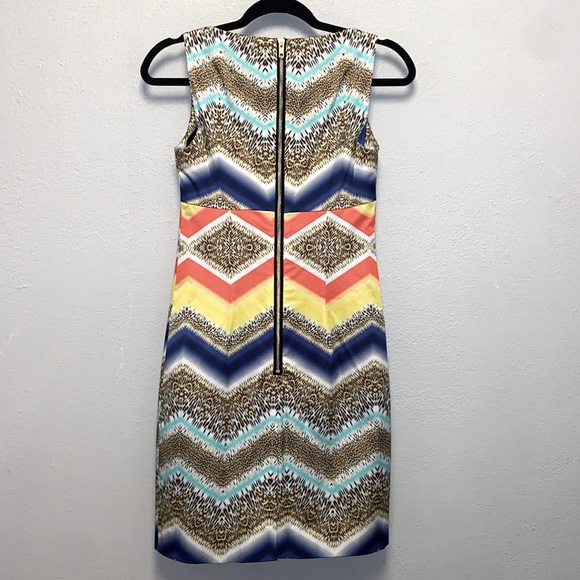 Milly Sleeveless Multicolor Cheetah Chevron Lined Panel Shift Mini Dress - Picture 6 of 12